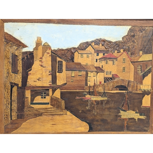 107 - An early 20th century marquetry artwork. 71x56cm with frame, 59.5x45.5cm without frame