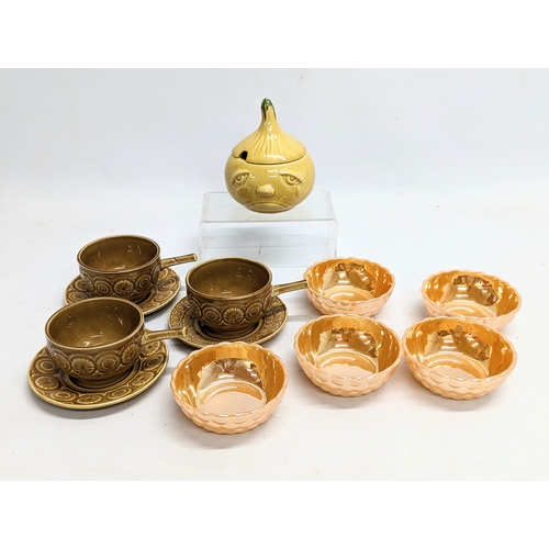 717 - A sundry lot including Mid Century Tams England ceramic soup bowl and saucers, 5 dessert bowls, etc