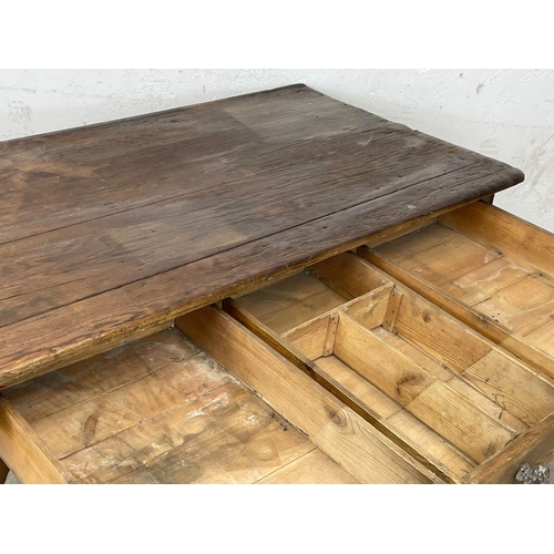 919 - A Victorian pine Farmhouse kitchen table with 3 drawers and Victorian glass handles. 160x87x80cm