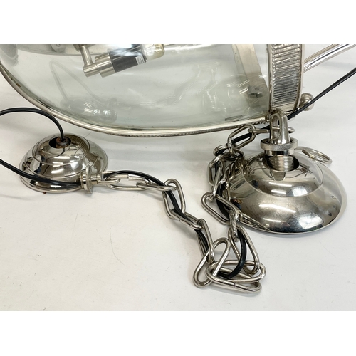 241 - A large polished chrome light fitting with glass panels. 73cm without chain. 145cm with chain.