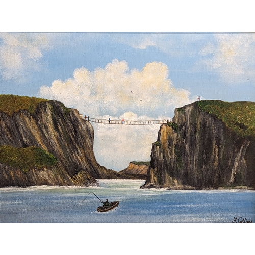 251 - A signed Frank Collins acrylic painting of Carrick-A-Rede, County Antrim.