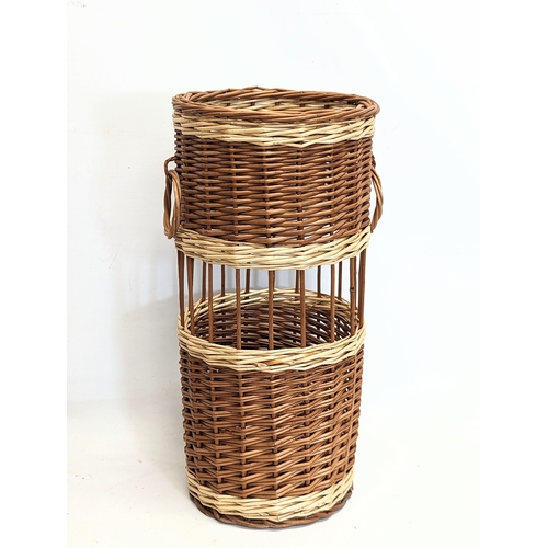 291 - Quantity of good quality wicker including a set of 3 serving trays, 2 rug beaters and a stick stand.