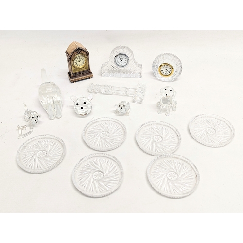 710 - 3 mantle clocks, including Galway Crystal, Tyrone Crystal, with 6 glass dishes and cut glass animals... 