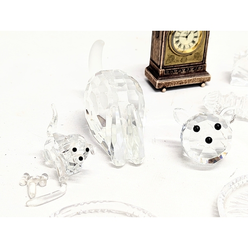 710 - 3 mantle clocks, including Galway Crystal, Tyrone Crystal, with 6 glass dishes and cut glass animals... 