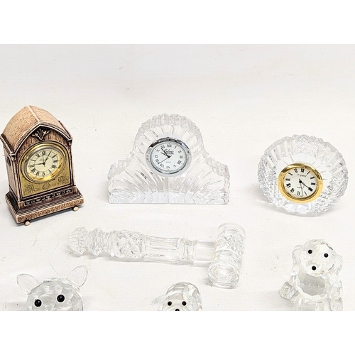 710 - 3 mantle clocks, including Galway Crystal, Tyrone Crystal, with 6 glass dishes and cut glass animals... 