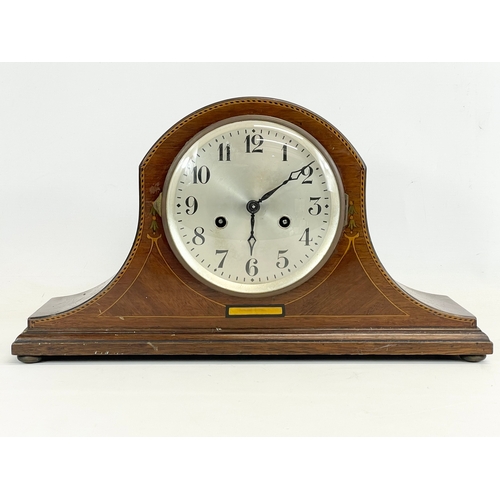 366 - An early 20th century inlaid mantle clock. No key or pendulum. 42x12x13.5cm