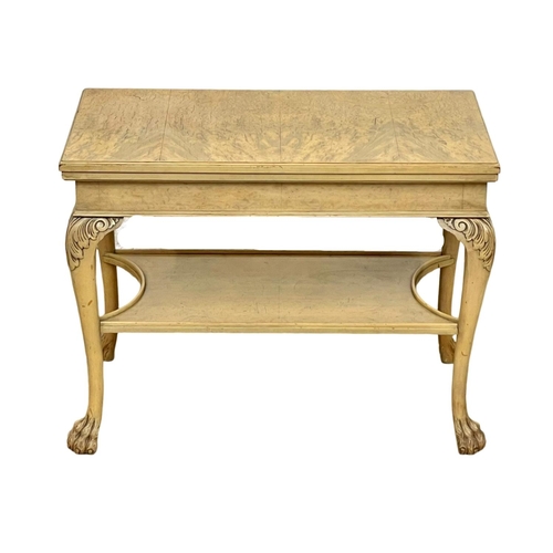 320 - A vintage Limed Burr Walnut turnover games table, on Ball & Class feet. 77 x 39 x 60cm