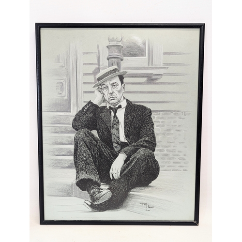 632 - An original pen and ink portrait illustration by Tommy Heyburn of Buster Keaton, signed 1984. 42.5x5... 