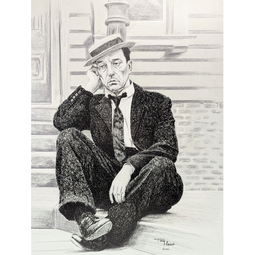 632 - An original pen and ink portrait illustration by Tommy Heyburn of Buster Keaton, signed 1984. 42.5x5... 