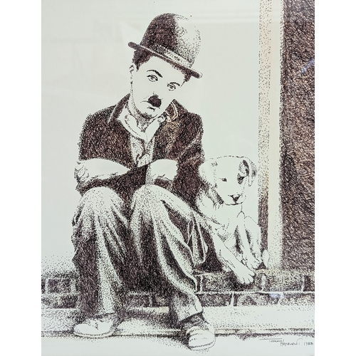 631 - An original pen and ink portrait illustration by Tommy Heyburn of Charlie Chaplin, 