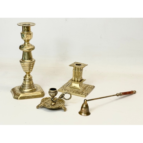 627 - 4 pieces of brass ware. 2 Victorian candlesticks etc.