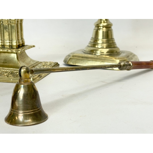 627 - 4 pieces of brass ware. 2 Victorian candlesticks etc.