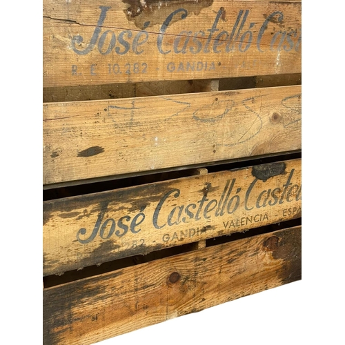 373W - 3 Jose Castello wooden orange crates. 66x31.5x30cm