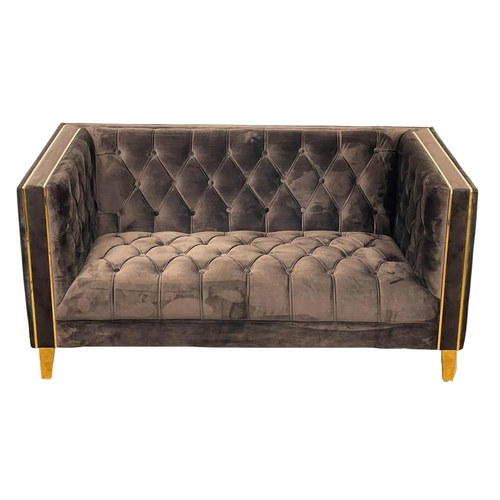 87 - A modern suede 2 seater sofa with brass feet. 153cm