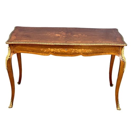 906 - A good quality vintage 18th century style French inlaid rosewood writing desk, with brass ormolu mou... 