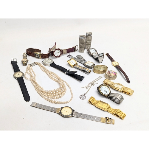 607 - A quantity of watches with a silver necklace and silver pendant, trinket box and faux pearls.