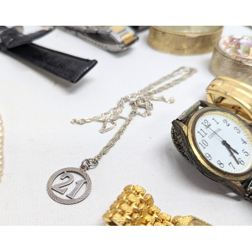 607 - A quantity of watches with a silver necklace and silver pendant, trinket box and faux pearls.