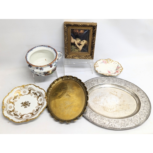 613 - A sundry lot including late 19th century Mason's pottery chamber pot, gilt framed print, East German... 