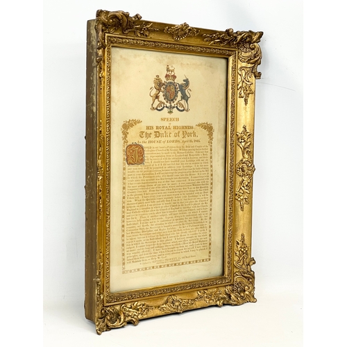 389S - A 19th century Speech of The Duke of York in the House of Lords, April 25, 1825. In gilt Georgian fr... 