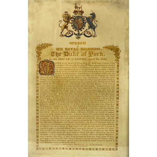 389S - A 19th century Speech of The Duke of York in the House of Lords, April 25, 1825. In gilt Georgian fr... 