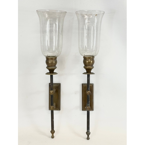 20 - A pair of large vintage heavy brass wall sconces with glass shades. 65cm