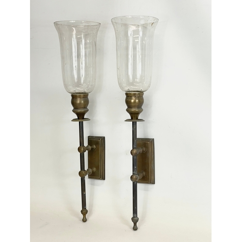 20 - A pair of large vintage heavy brass wall sconces with glass shades. 65cm