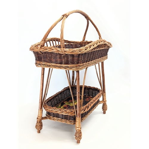 298 - A two tiered wicker basket on stand. 71cm