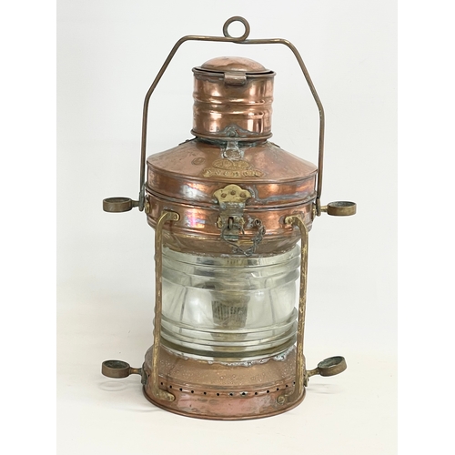 84 - A large 19th century copper and brass ships lantern by Ellermans Wilson Line LTD. Anchor. 40x25x55cm