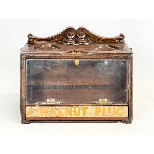 142 - A vintage shops cigar display cabinet, with enamel Smoke Walnut Plug advertising. 29x31x21cm