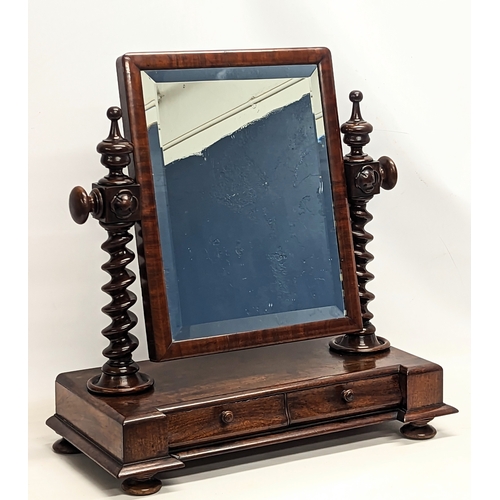 157 - A large good quality Victorian mahogany dressing mirror with 2 drawers and Barley Twist pillars. 64x... 