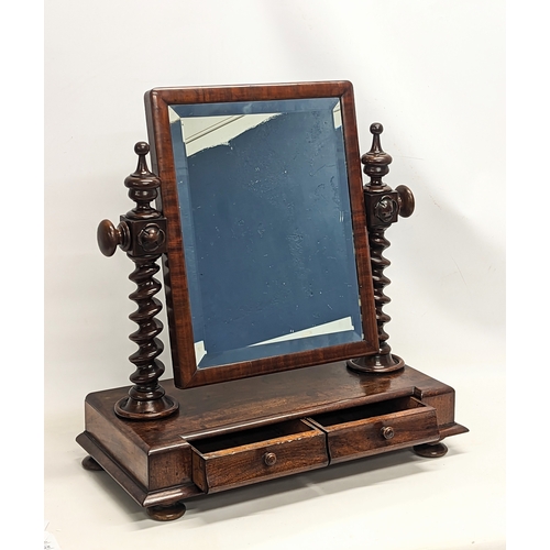 157 - A large good quality Victorian mahogany dressing mirror with 2 drawers and Barley Twist pillars. 64x... 