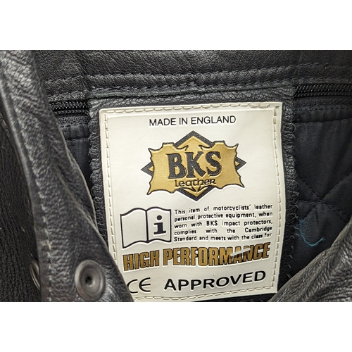 239 - A men's leather motorcycle jacket with padded elbows, by BKS Leather.