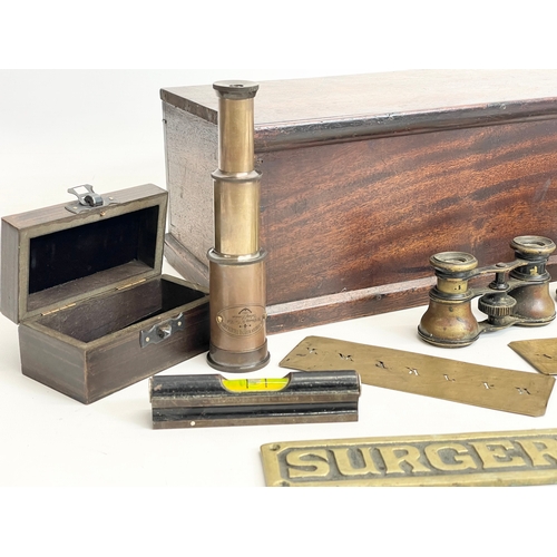 243 - A sundry lot. Including a vintage Scientists Field microscope, Victorian mahogany box, 2 pairs of ea... 