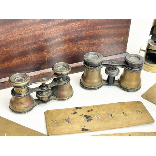 243 - A sundry lot. Including a vintage Scientists Field microscope, Victorian mahogany box, 2 pairs of ea... 