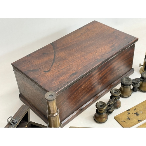 243 - A sundry lot. Including a vintage Scientists Field microscope, Victorian mahogany box, 2 pairs of ea... 