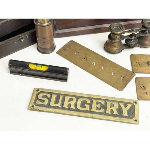 243 - A sundry lot. Including a vintage Scientists Field microscope, Victorian mahogany box, 2 pairs of ea... 