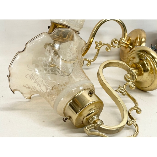 107 - A set of 4 brass light fittings with etched glass shades. 24x21cm