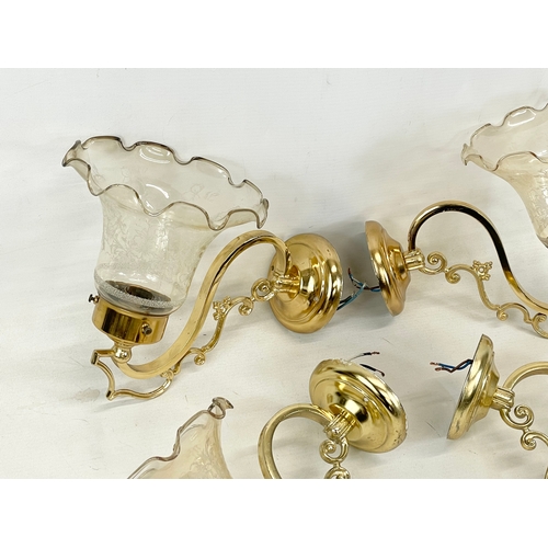 107 - A set of 4 brass light fittings with etched glass shades. 24x21cm