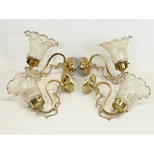 107 - A set of 4 brass light fittings with etched glass shades. 24x21cm