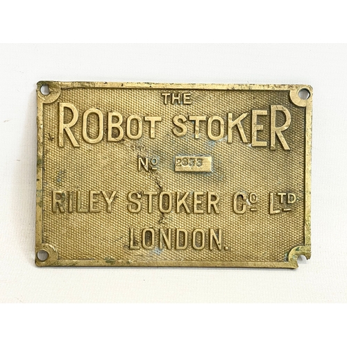 125 - An early 20th century Riley Stroker Co LTD brass sign. The Robot Stoker. No 2833. 14x9.5cm