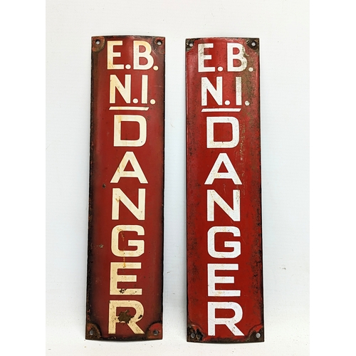 179 - 2 vintage enamel signs. E.B.N.I Danger. 7.5x30.5xcm