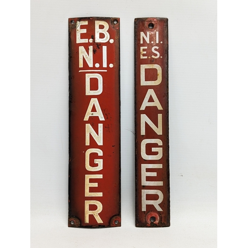 180 - 2 vintage enamel signs. E.B.N.I Danger. N. I. E. S. Danger. 7.5x30.5cm