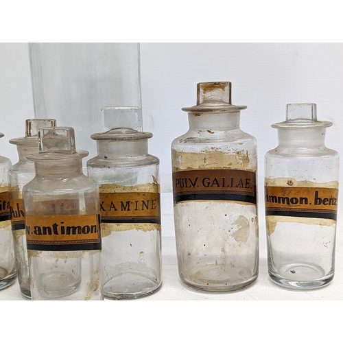 290G - 7 Edwardian chemist jars with lids with a sweet jar. Sweet jar measures 25cm