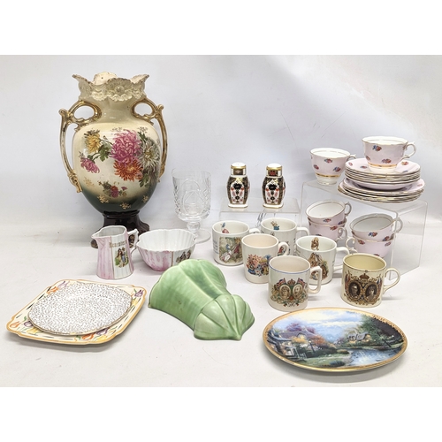 777 - A quantity of pottery including Royal Crown Derby salt and pepper shakers, 2 late 19th century Germa... 