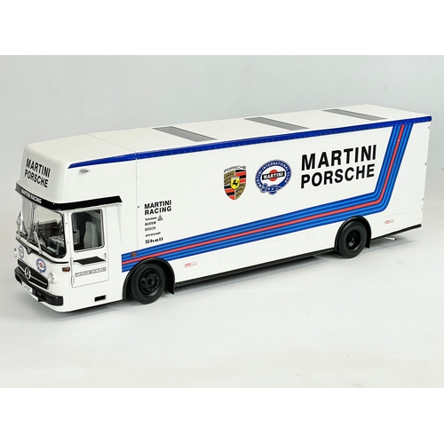 4 - A very large Mercedes Martini Porsche Race Transporter with box. 61x14x20cm
