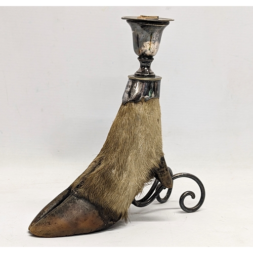 145 - A late 19th century silver plate and taxidermy deer's hoof candlestick, engraved Ledgoun 1896. 21.5c... 