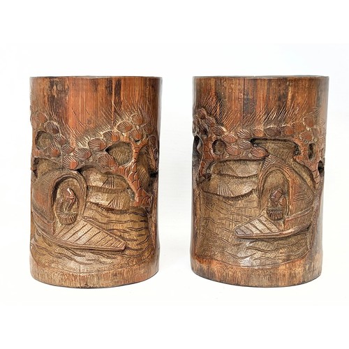 437 - A pair of late 19th century Chinese brush pots. 11.5x16.5cm