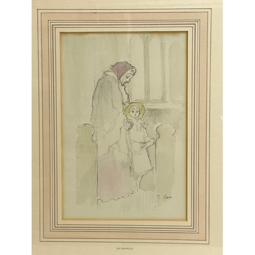 189 - A watercolour pencil drawing by Tom Carr, titled ‘In Church’. Painting measures 18x27cm. Frame 45x55... 