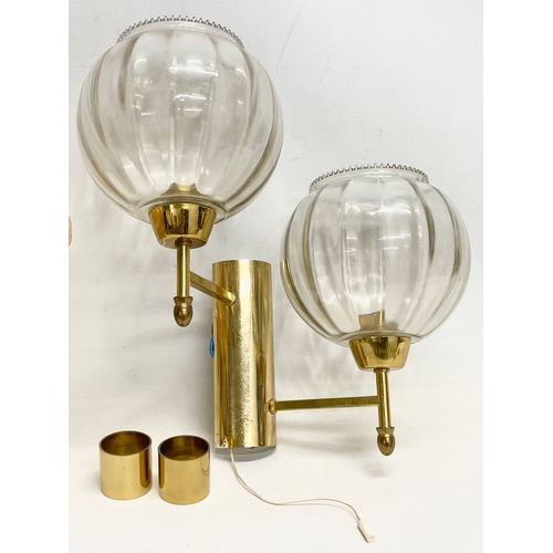 280 - 2 vintage brass wall lights with glass shades.