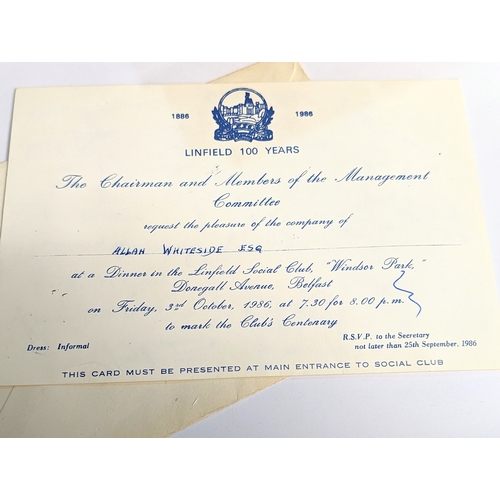 545 - A Linfield 100 Year Dinner Invitation for Dinner in the Linfield Social Club, Windsor Park, 1986.